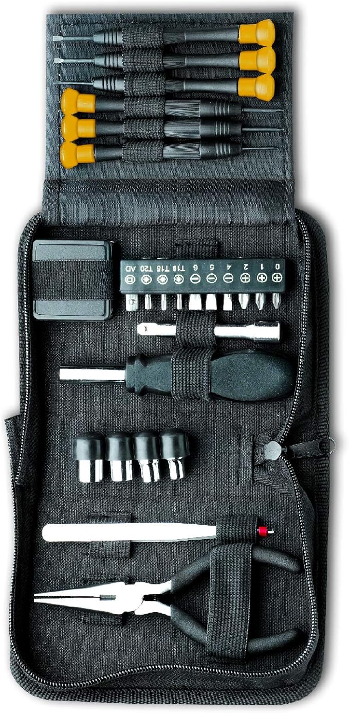Mini Tool Set, 25 pc Tool Kit, Precision Screwdriver Set, Long Reach Tweezers, Needle Nose Pliers, Sockets with Driver Handle and Interchangeable Bits
