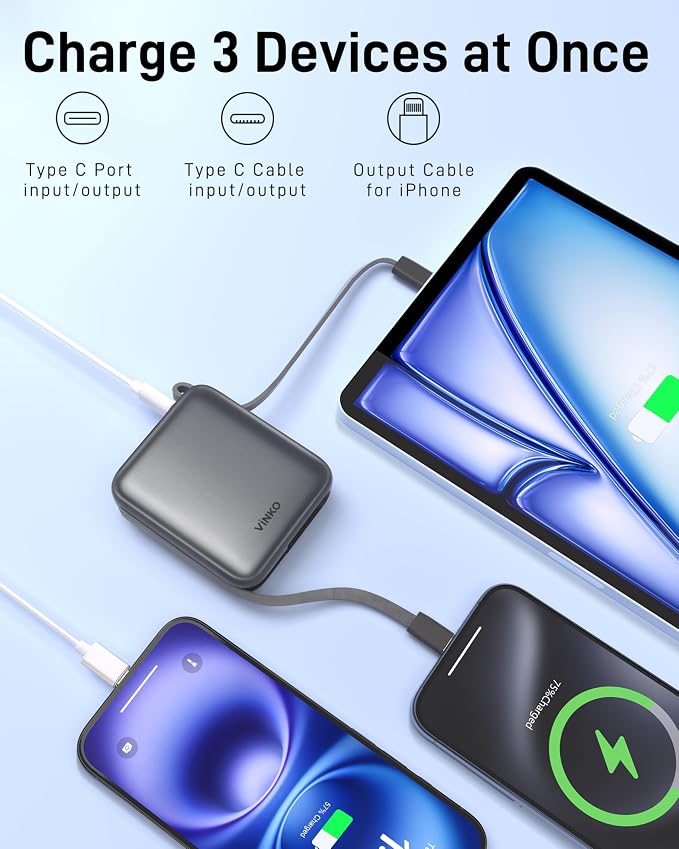 VINKO Small Portable Charger, 22.5W Fast Charging Mini Power Bank 10000mAh with Built-in Cables, Travel Essential USB-C Battery Pack Compatible with iPhone 17/16/15, Samsung S25/24, Android (Gray)
