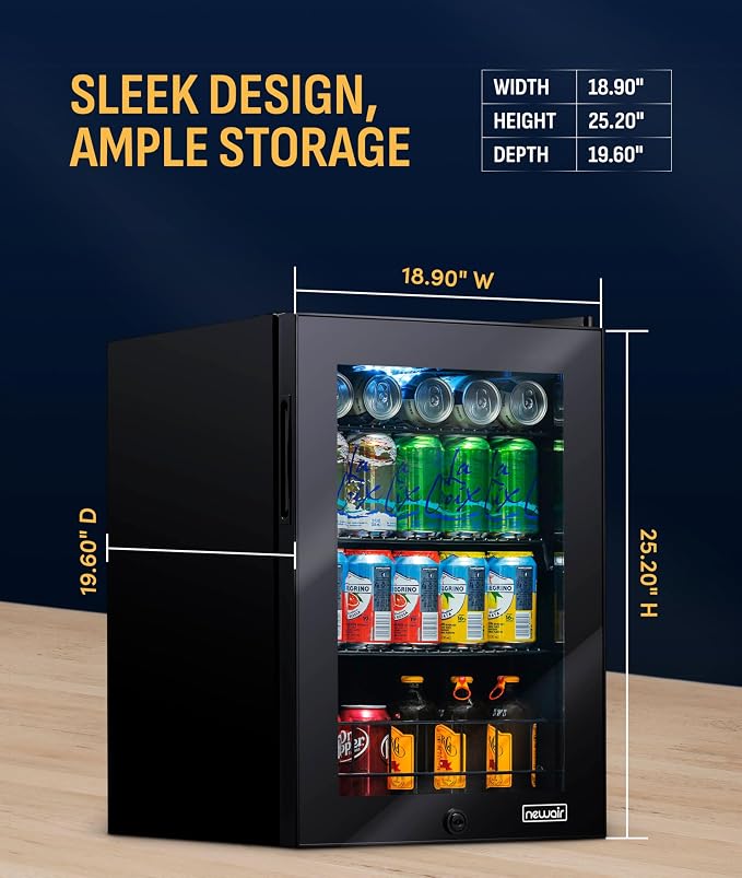 NewAir 90 Can Beverage Refrigerator | Freestanding Small Mini Fridge for Bedroom, Home Bar or Office | Adjustable Shelves, Quiet Cooling & Locking Door | Black