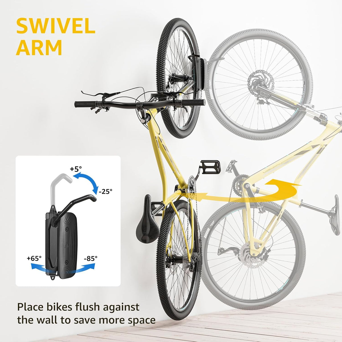 monTEK Swivel Bike Wall Mount, Bike Hangers for Garage, Space-Saving Vertical Bike Rack, Sturdy Bike Storage Rack Holds Up to 66lbs, Easy to Install, 4 Pack