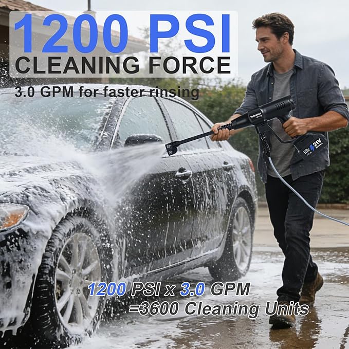 Cordless Pressure Washer Battery Powered; 1200PSI Cordless Power Washer with 6-in-1 Nozzle, 16.4FT Kink-Free Hose, 2×4.0Ah Batteries; Portable Power Wash for Home Car Garden Patio (Black)
