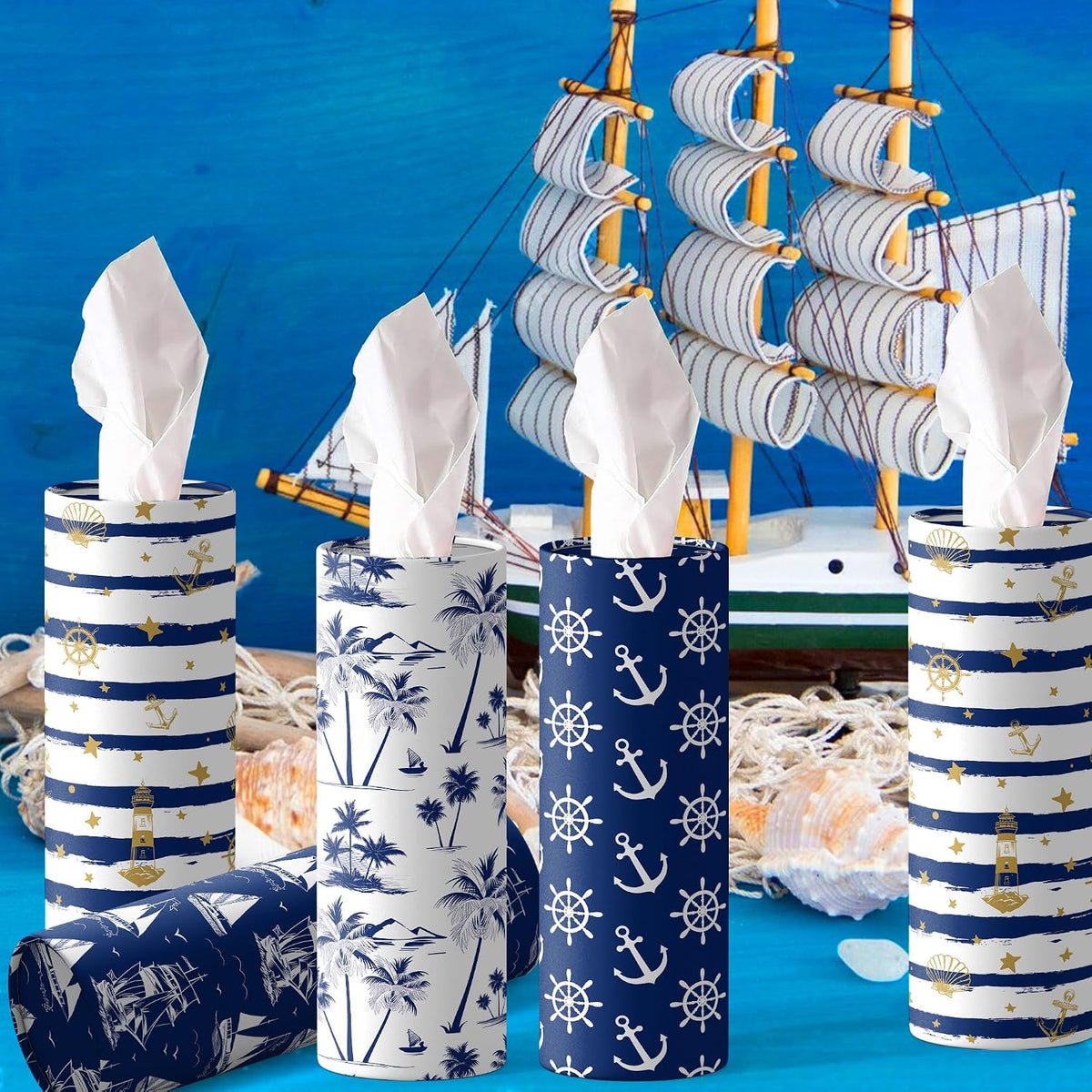 4 Pcs Nautical Round Tissues Box Car Holder Set with Facial Tissue Bulk Nautical Travel Tubes for Car - 50 Sheets Cylinder Face Towel Containers Fit for Cup Holder Round Storage for Car, Travel