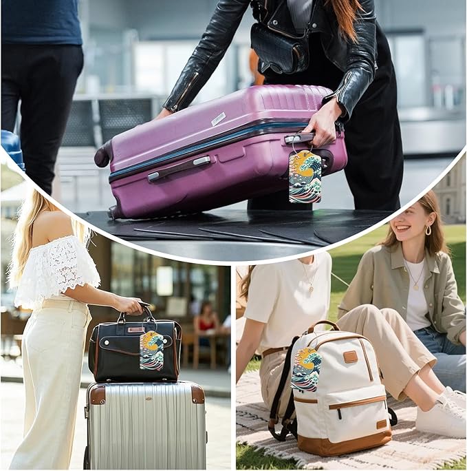 3 Pack Japanese Ocean Wave Luggage Tags for Suitcase Great Waves PU Leather Travel Luggage Tag Privacy Cover ID Label for Women Men Baggage Backpack Handbag School Bag