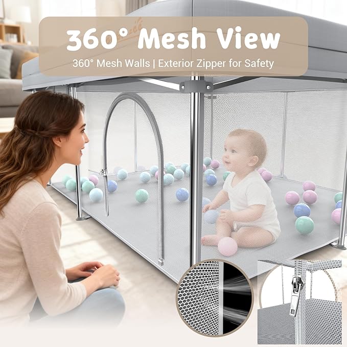 Foldable 50x50 Playpen, Portable Baby Playpen for Babies & Toddlers, Quick Fold Safety Play Yard with Balls, Pull Rings & Carry Bag, Indoor & Outdoor, Grey
