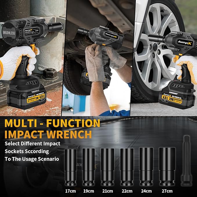 1700Nm Impact Wrench, 20V 1254Ft-lbs Brushless Impact Gun with 2x4.0Ah Battery, 1/2" High Torque Pistola De Impacto with 6 Socket, Electric Impact Llave Driver for Truck/Mower/Car/Industrial
