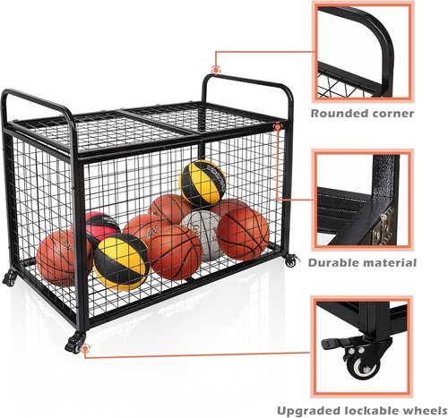 Heodmaem Ball Cart Storage - Extra Large Heavy Duty Basketball Cage Bin for Garage & Gym