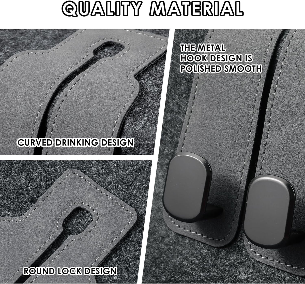 KINIVA Car Seat Headrest Storage Hooks, Set of 2, Suede PU Leather, Double Hooks (Grey-4 Pack)