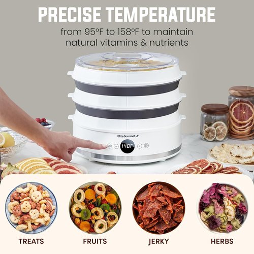 Elite Gourmet Digital Food Dehydrator - 5 BPA-Free SlimStore™ Trays, Adjustable Timer & Temperature, White