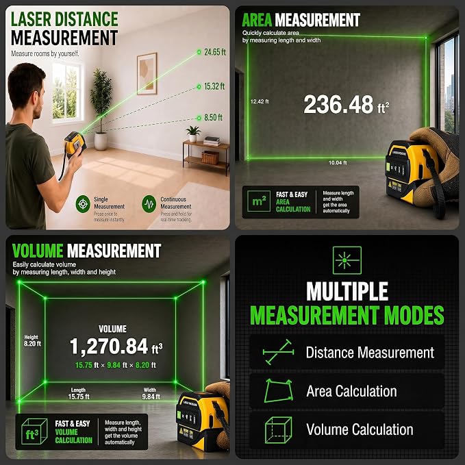 4-in-1 Digital Green Laser Tape Measure, 16FT Tape, 328FT Distance Meter | 33FT
