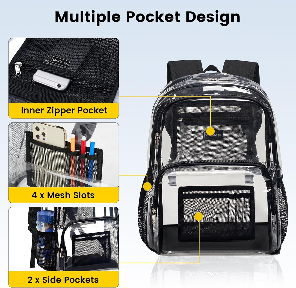 Vorspack Clear Backpack - Heavy Duty Transparent Bookbag for College & Travel | Large Black Design