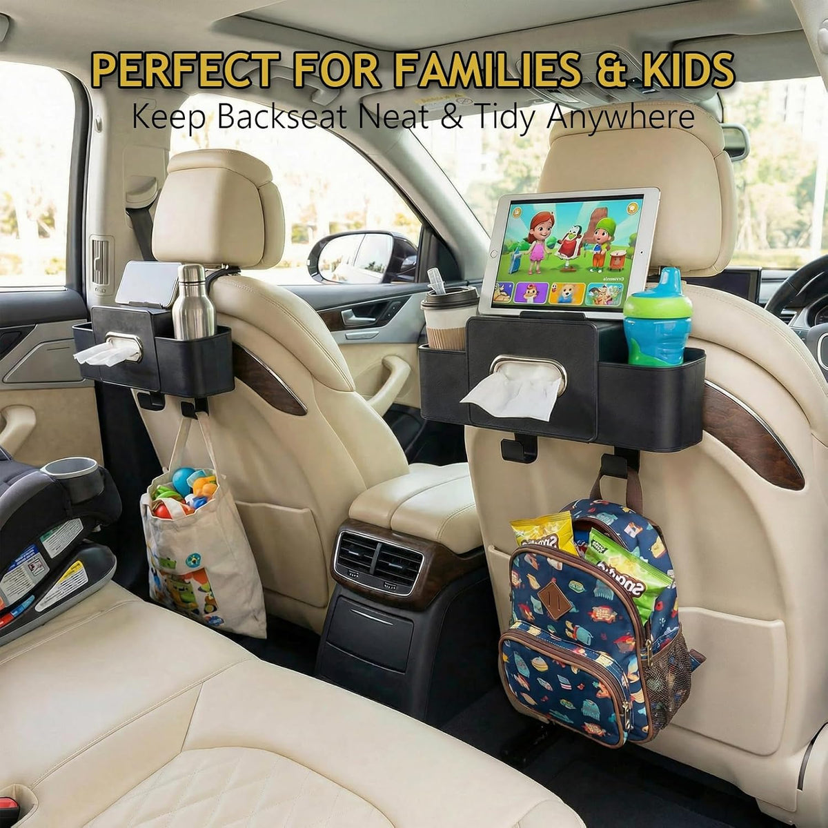 Backseat Car Organizer, 4 in 1 Multifunctional Car Back Seat Storage Organizer with Tissue Box, 2 Cup Holders, Phone Stand and Hooks, Automotive Seat Back Organizers (Orange)