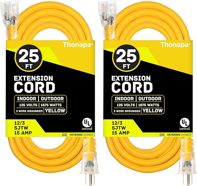 Thonapa 2 Pack Lighted Outdoor Extension Cord 25 ft - 12 Gauge 15 Amp Heavy Duty Power Extension Cords - SJTW - Great for Major Appliances, Power Tools, Garden Supplies - Yellow