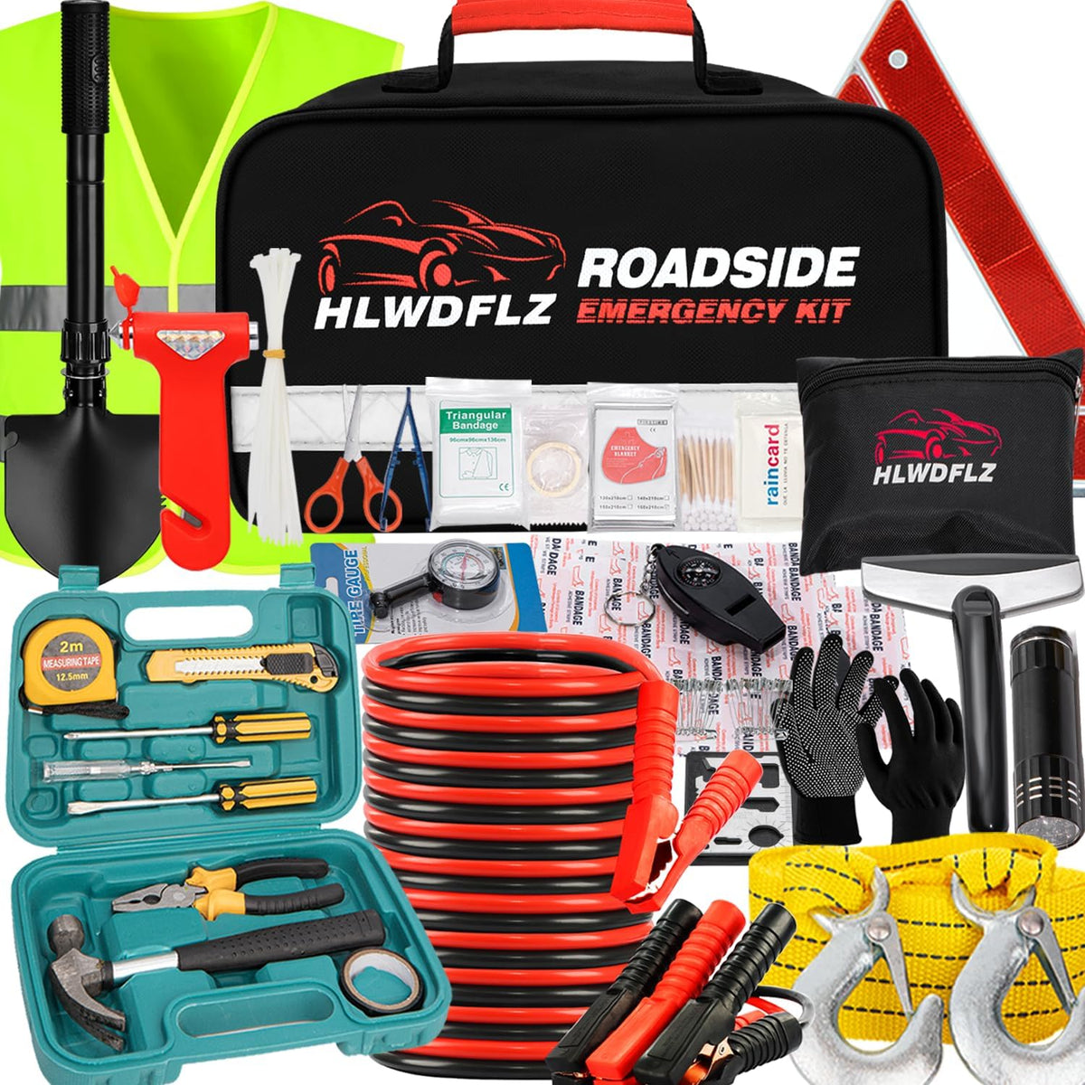 Emergency Car Kit with Jumper Cables & Snow Shovel, Winter Roadside Assistance Safety Kit for Cars, Trucks, SUVs and RVs