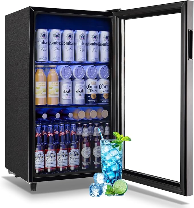 3.5 CU.FT Beverage Fridge Mini Refrigerator Soda Cooler Glass Door Featuring LED Light & Adjustable Shelves,7 Modes Ideal for Apartment, Office, Dorm