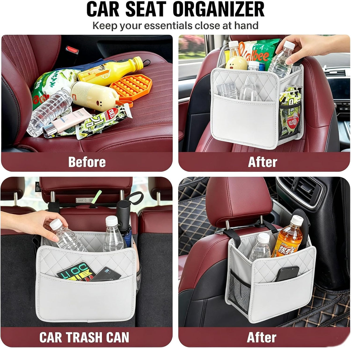 LXUNYI Car Seat Organizer, Updated Large Leather Backseat Car Organizer with Cup Holders Multifunctional Over the Car Seat Storage Organizer Bag Hanging Car Seat Back Organizers for Kids (Gray 2Pack)