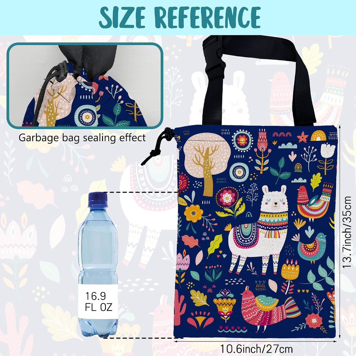Car Garbage Bag Colorful Llama Flowers and Birds Hanging Canvas Car Trash Bag Waterproof Drawstring Car Back Seat Organizer for Car Back Front Seat Console with Adjustable Buckle