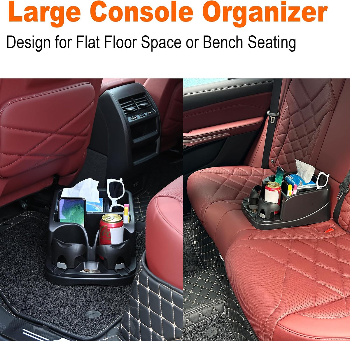 Car Console Organizer, Car Seat Organizer with 2 Adjustable Cup Holders, Center Console for Cars, Trucks, Minivans, SUVs, Vehicle Organizer, 3 Large Storage Compartment (Black)