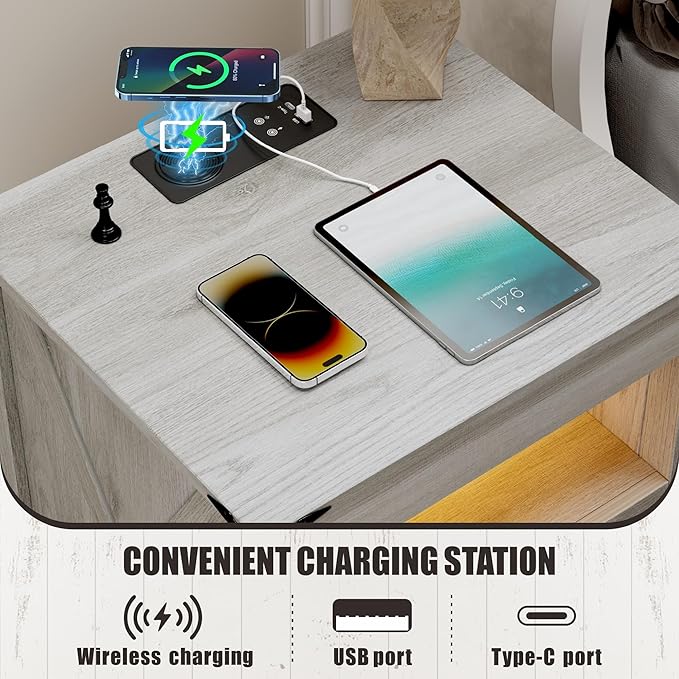 Night Stand with Gun Drawer, Bedside Table with Charging Station & LED Light, Gun Nightstand for Bedroom Living Room, Rustic Grey