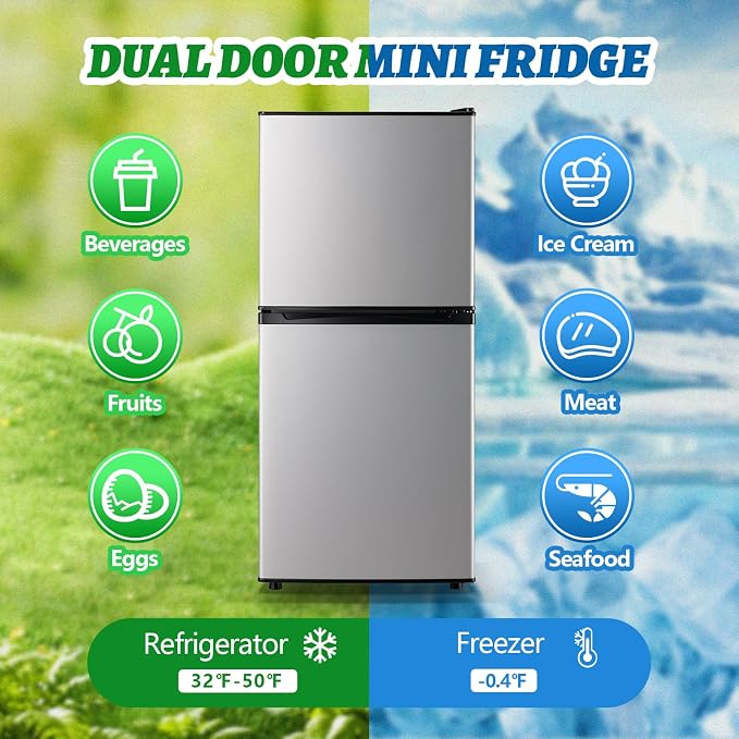 DEMULELR 3.9Cu.ft Refrigerator with Freezer Black Two Door Fridge with Crisper Drawer & Extra Drink Space, LED Light, Full-Size Fridge for Dorm Office 17.5"D x 17"W x 40"H，Silver