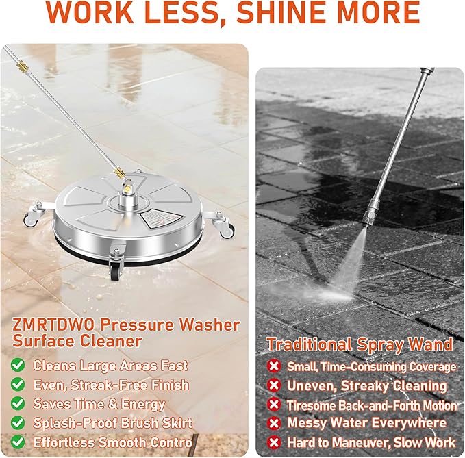 18" Pressure Washer Surface Cleaner with 4 Wheels, 4000 PSI Max Stainless Steel Surface Cleaner for Pressure Washer, 2 Extension Wands, 1/4" Quick Plug, for Concrete, Patio, Sidewalk, Deck