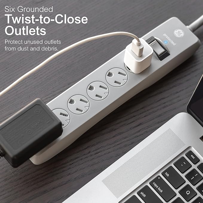 GE Surge Protector Power Strip, 25 Ft Extension Cord, 6 Outlet Extender, 800 Joules, Flat Plug, Twist-to-Close Safety Covers, UL Listed, Gray, 62470