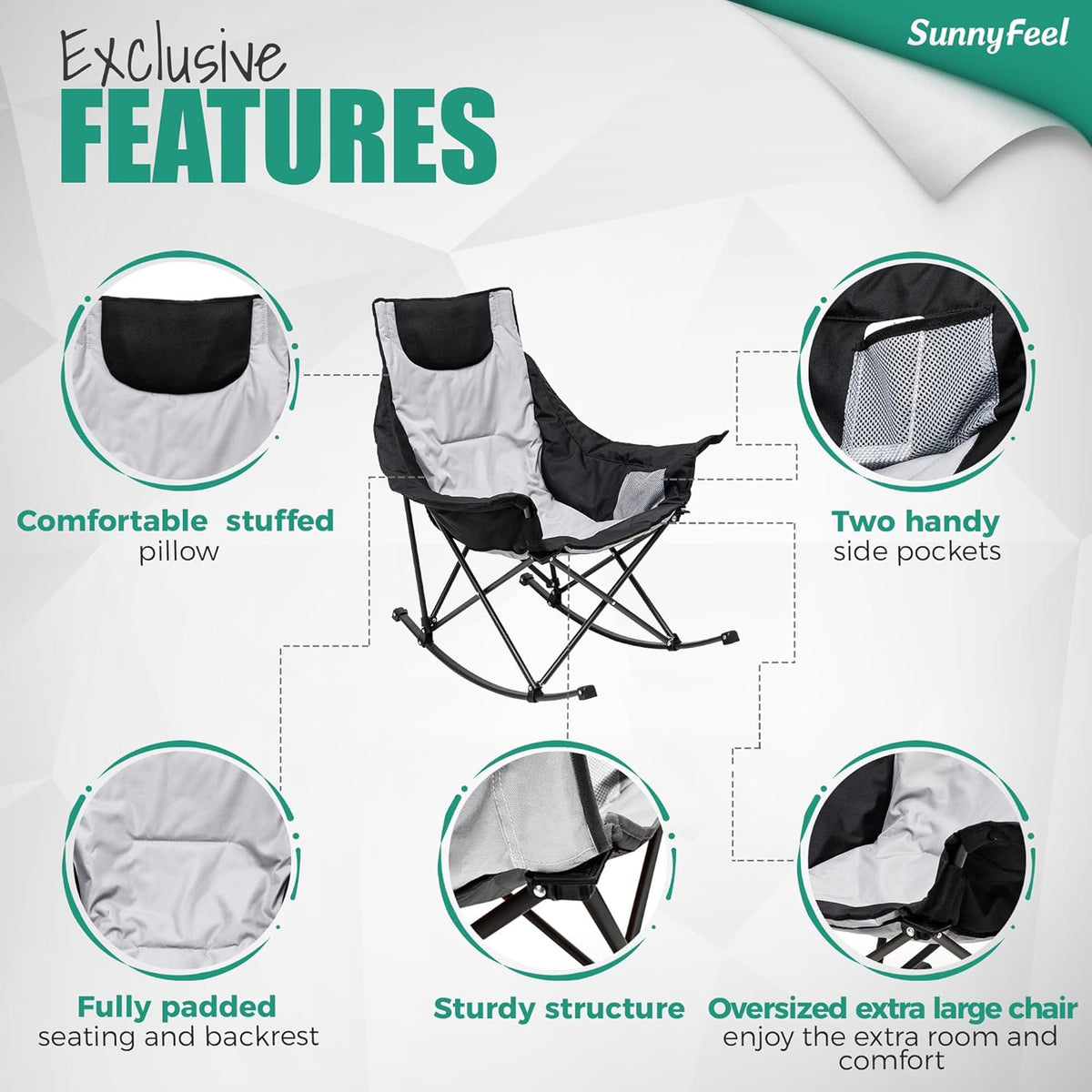 SUNNYFEEL Oversized Rocking Camping Chair - Fully Padded High Back Recliner with Side Pocket | 500 LBS Capacity