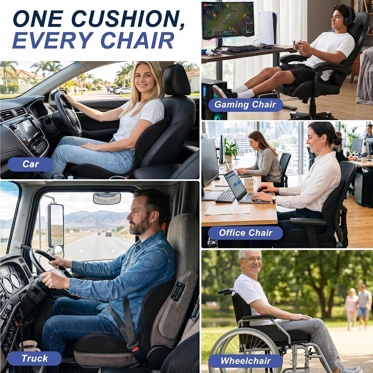 Seat Cushion for Office Chair and Car, Ergonomic Memory Foam Seat Cushion with Lumbar Support Pillow, Orthopedic Cushion for Sciatica & Back Pain, Black