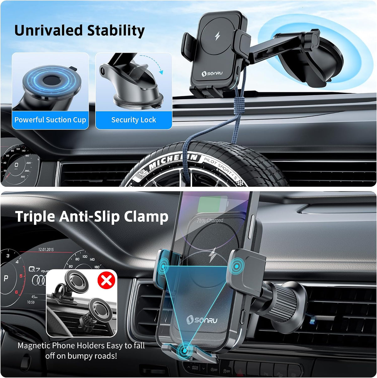 SONRU Car Phone Holder Wireless Charger, Qi 15W Wireless Car Charger Fast Charging Auto Clamping Car Charger Mount Suction Holder Dashboard Air Vent for iPhone 16/15/14/13/12/11, Samsung S25/24