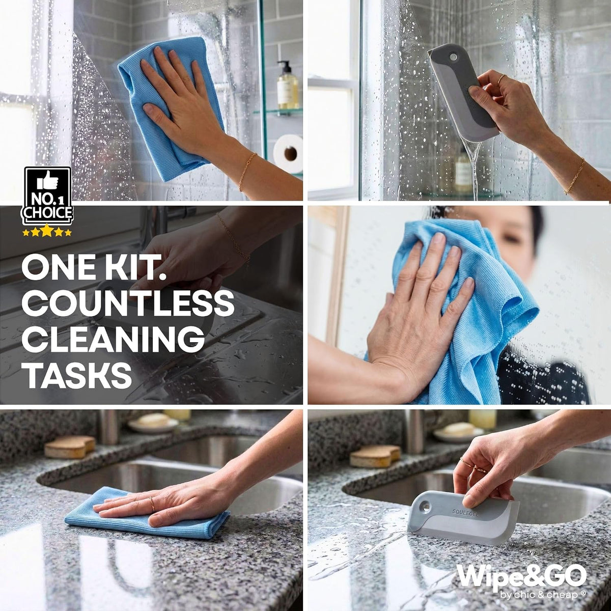 Wipe&GO Glass Cleaning Cloths – 6 Premium Diamond Weave Microfiber Towels (12x16") for Windows, Mirrors & Screens – Water Only Streak-Free Cleaning Cloths for Home & Car + Bonus Mini Silicone Squeegee