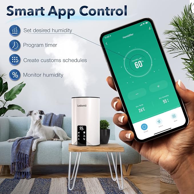 Humidifiers for Bedroom Smart Control - Dual Mist Cool & Warm Mist Humidifier 4L Big Capacity Top Fill Water Tank, Quie Humidifier, for Large Rooms Home Living Office Baby - Ultrasonic Humidifier