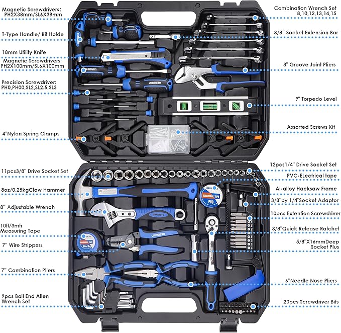 URASISTO 168-Piece Socket Wrench Auto Repair Tool Combination Package Mixed Tool Set Hand Tool Kit with Plastic Toolbox Storage Case