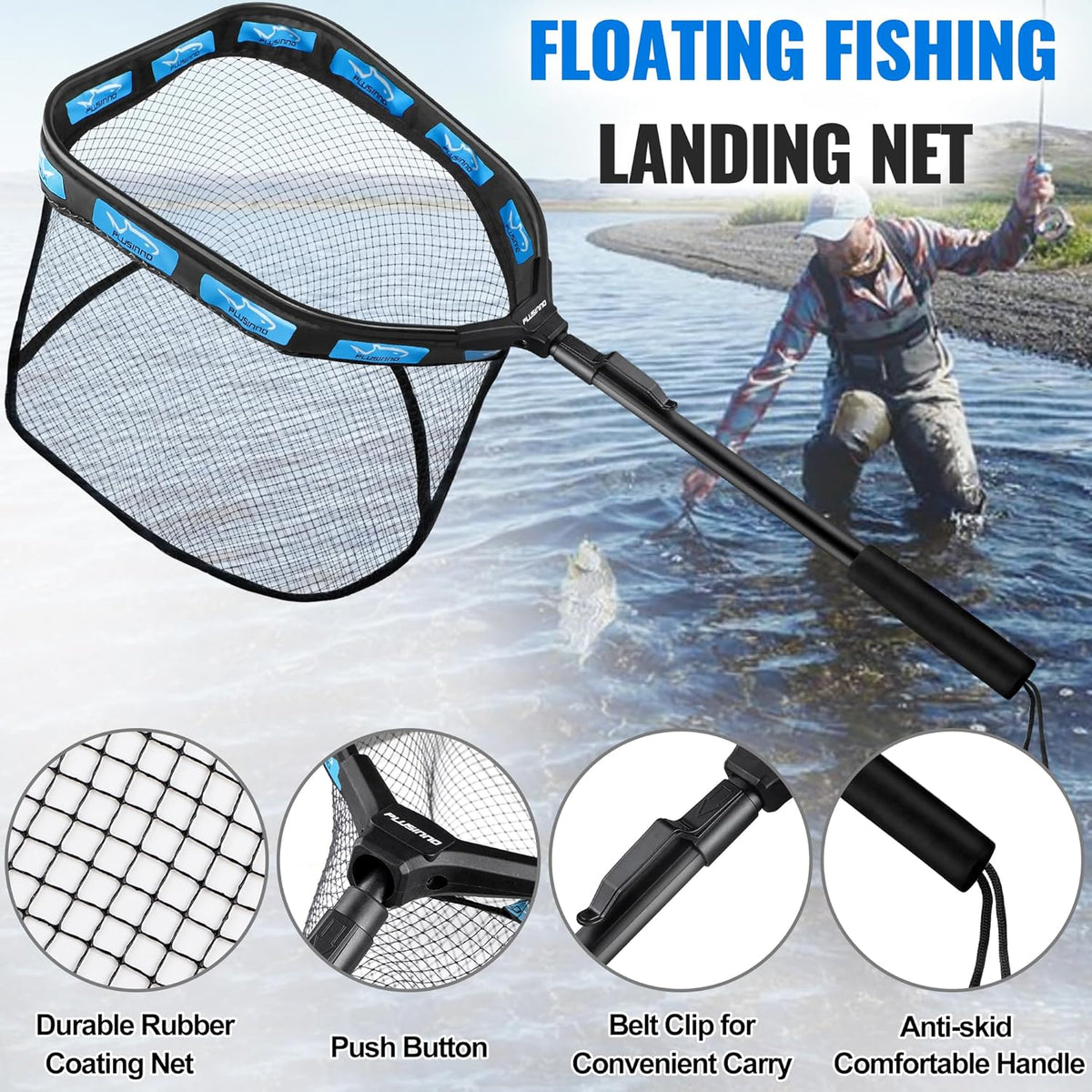 PLUSINNO Floating Fishing Net - Rubber Coated, Foldable Design with Telescoping Handle | Ideal for Steelhead, Salmon, Bass, and Trout Fishing