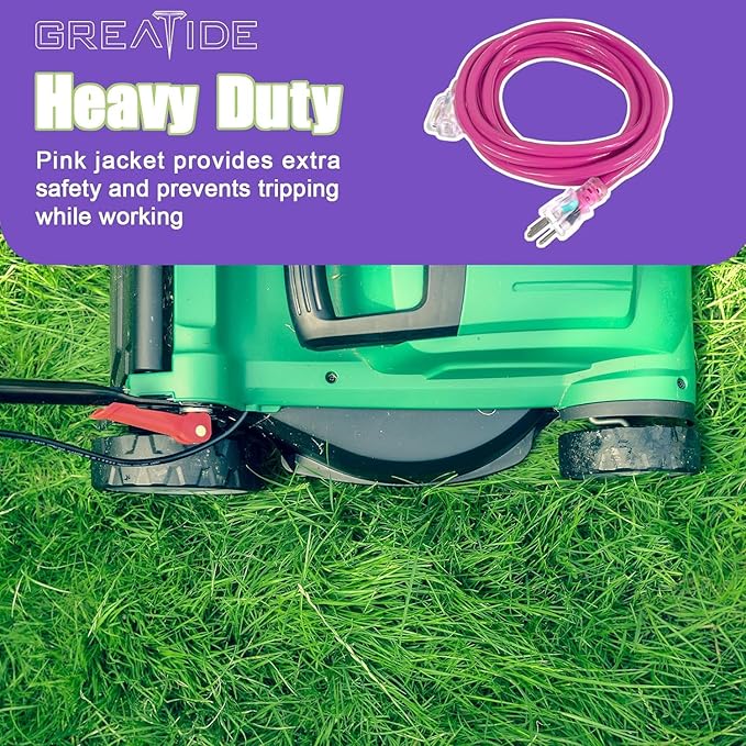 Outdoor Extension Cord with Lighted End, 12 Gauge Heavy Duty Extension Cord 10 FT, 3 Prong Grounded 15 Amp Extension Cord, 12/3 SJTW Waterproof Power Cord for Appliance, UL Listed, Pink