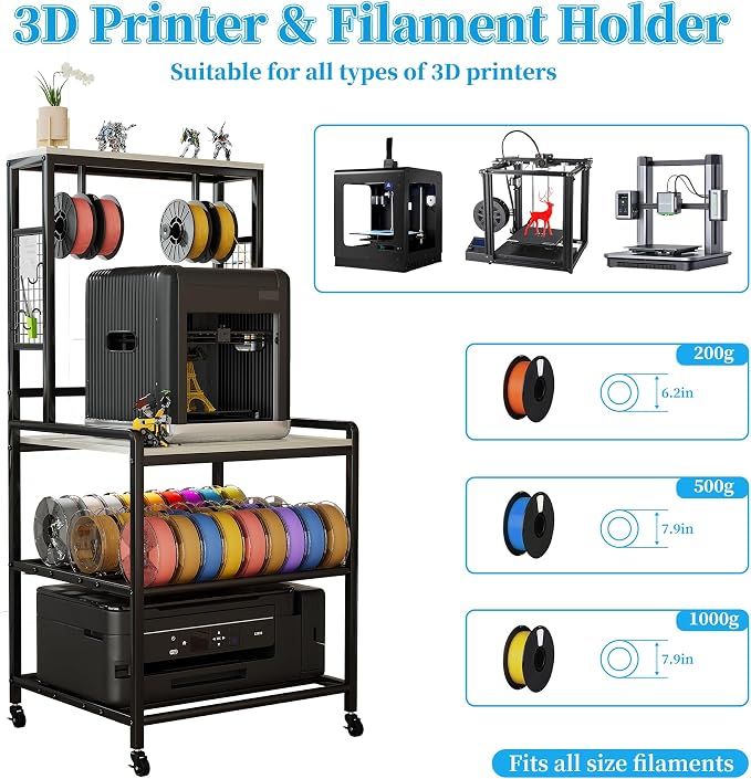 kepptory 3D Printer Stand with Power Outlet, Rolling Storage Cart w/Filament