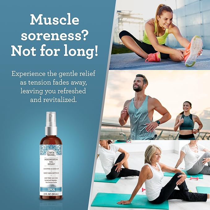 GuruNanda Magnesium Oil Spray (2 Fl Oz), Topical Magnesium Spray with Natural Essential Oils & Aloe Vera, Helps with Muscle Soreness & Relaxation, Cruelty-Free