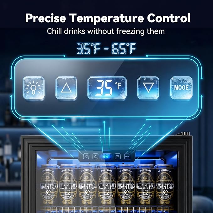 130 Can Beverage Refrigerator, 3.2 Cu.Ft Mini Fridge Beverage Cooler | Glass Door, 35–65°F Digital Temperature Display, Adjustable Shelves, Beverage Fridge for Soda, Beer & Wine