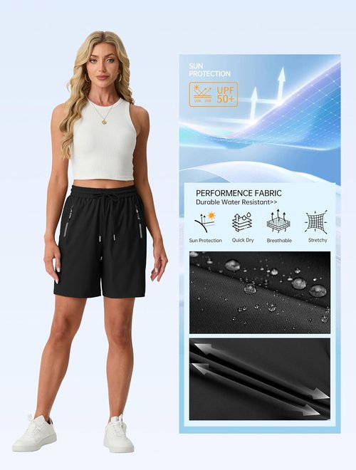 IWOLLENCE Women's 7" Hiking Shorts - Lightweight Quick-Dry Athletic Shorts with 2 Zipper Pockets