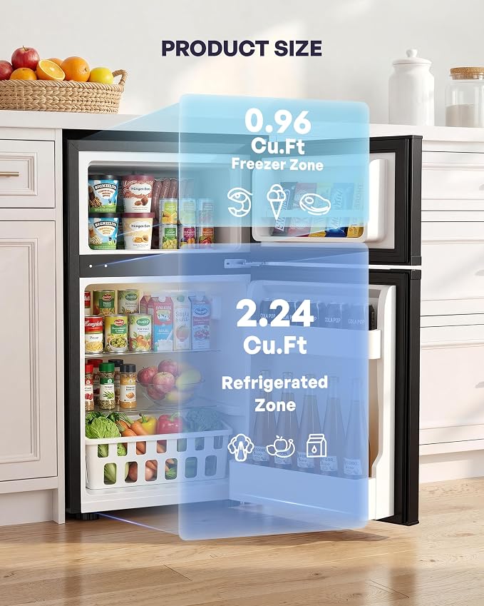 3.2 Cu.Ft Mini Fridge with Freezer, 2 Door Small Refrigerator with Adjustable Thermostat & Removable Glass Shelves, Mini Refrigerator for Dorm Office Kitchen, Black