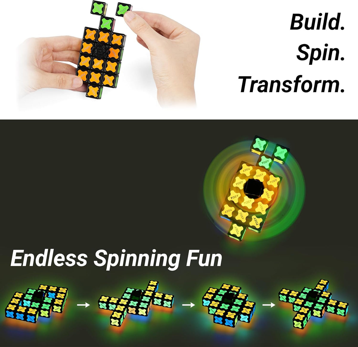TOSY Magnet Fidget Spinner - Glow-in-the-Dark 3-in-1 Transformable Toy | Infinity Cube & Puzzle for Stress Relief