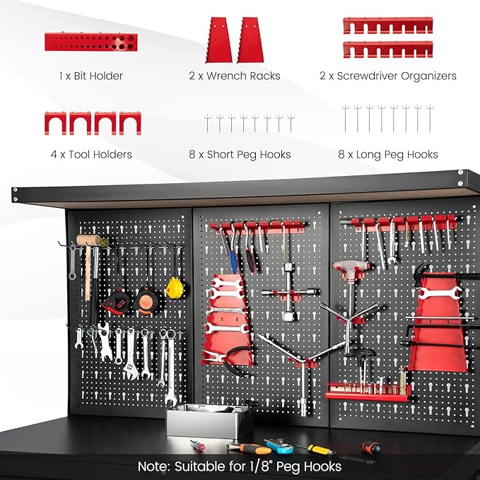 Goplus Work Bench with Storage, 48" x 24" Work Table with Pegboard, 2 Drawers, Hanging Accessories, Topping Space, 4-Tier Heavy Duty Metal Tool Storage Bench, Workbench for Garage, Workshop
