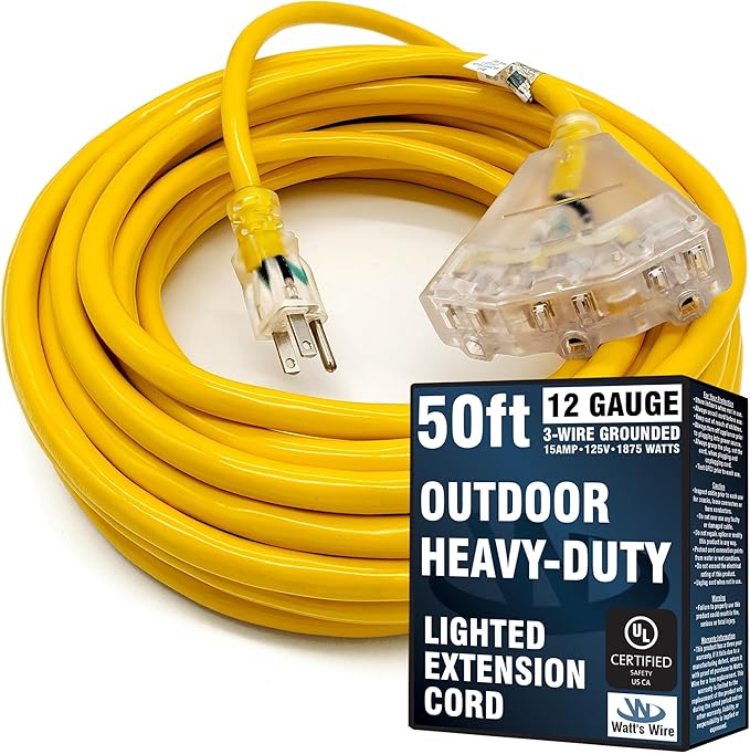 50 ft Outdoor Extension Cord Waterproof - 12 Gauge Heavy Duty Extension Cord 50 ft - Lighted Outdoor Extension Cords with Multiple Outlets - Watts Wire - 50' Grounded - extensiones electricas