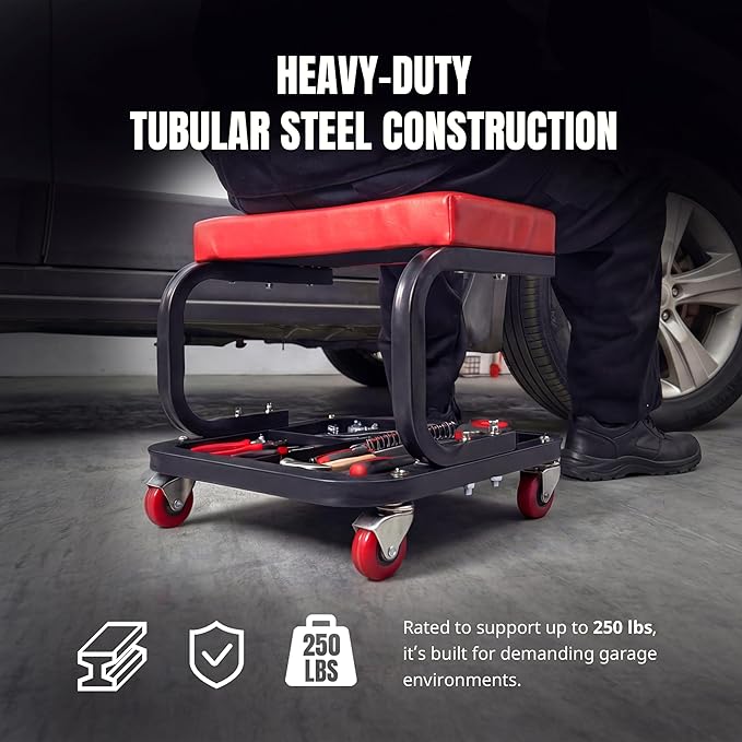 MaxWorks Mechanics Roller Seat - Heavy Duty 250 lb Capacity Rolling Creeper Stool with Padded Seat & 3-Section Tool Tray for Garage & Auto Repair (50875)