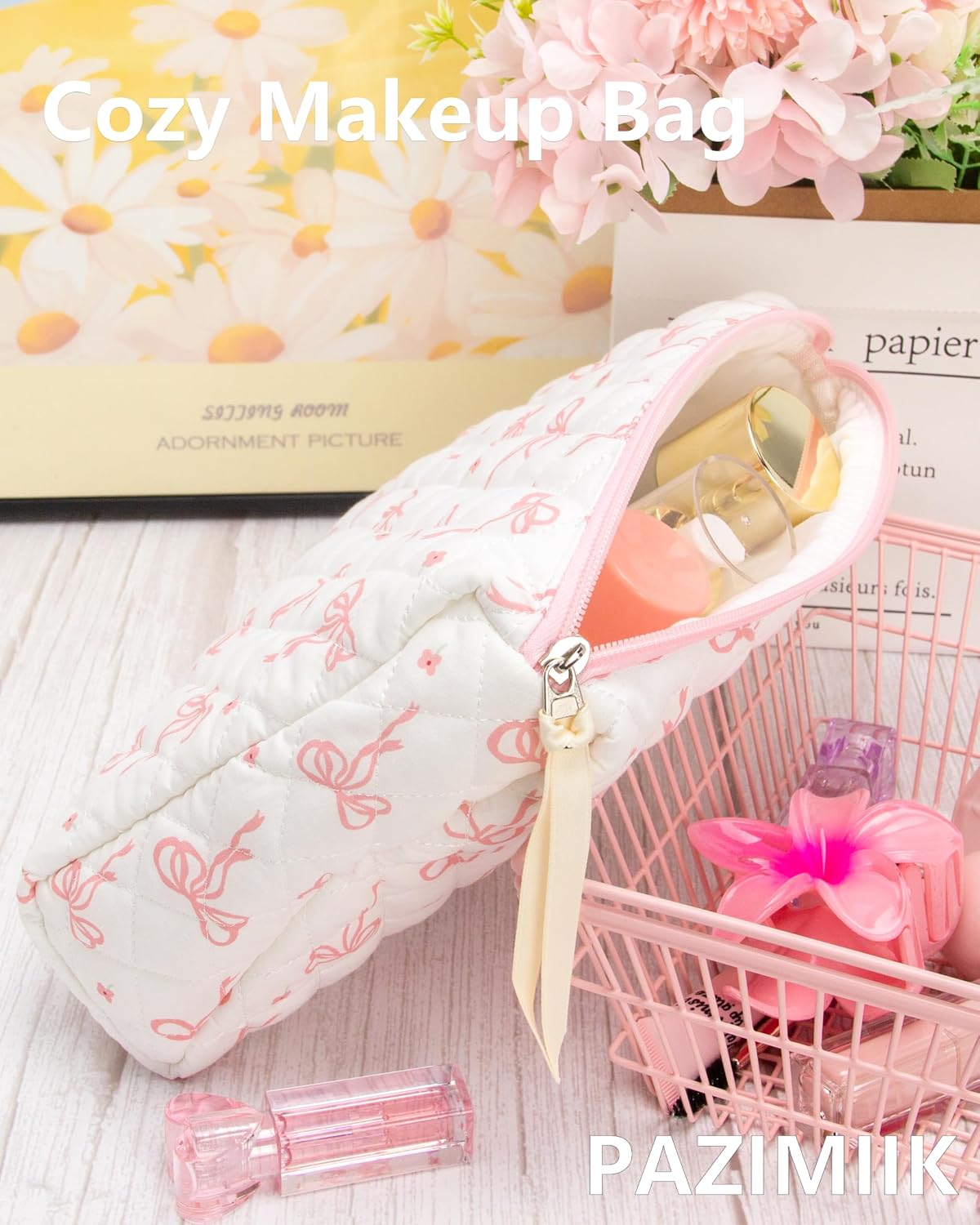 3 Piece Quilted Makeup Bag Set for Women,Cosmetic&Toiletry Bag,Bow Pink