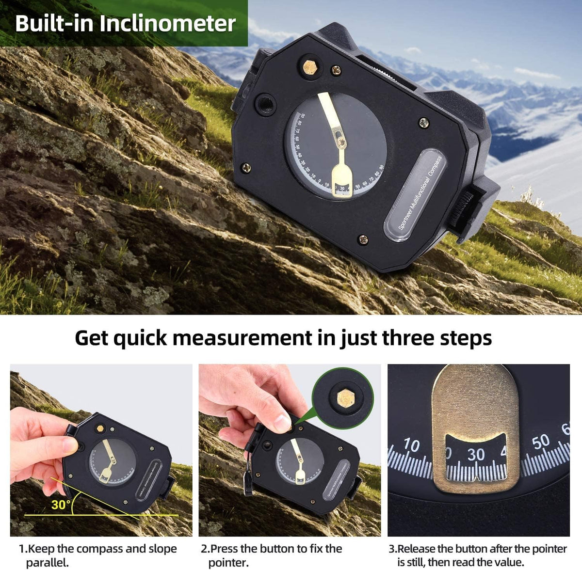 Sportneer Multifunctional Compass - Army Green & Black with Inclinometer for Camping & Backpacking