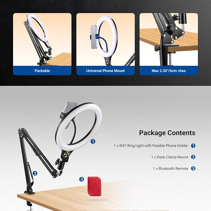 NEEWER Entry Level Version 10.5" Overhead Desktop LED Ring Light, Clamp Stand