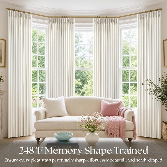 Linen Pinch Pleated Semi Sheer Curtains 90 Inches Long 4 Panels Set, Natural