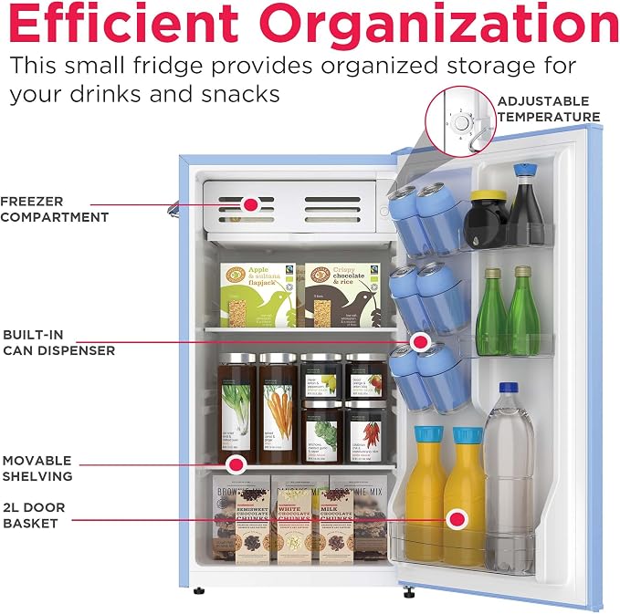 Frigidaire Retro Compact Fridge with Chiller, 3.2 cu ft Countertop Fridge with Built-In Bottle Opener, Compact Refrigerator for Office, Bedroom, Dorm Room or Cabin - 16.5" D x 19" W x 31" H (Blue)