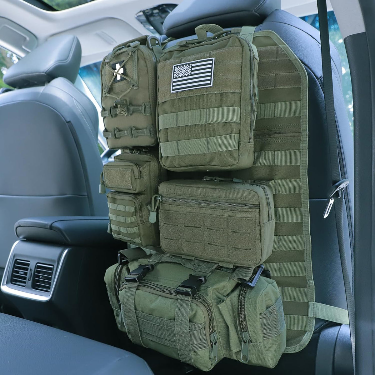 Universal Tactical Seat Back Organizer Vehicle Molle Panel Organizer Storage Bag with 5 Detachable Molle Pouch for All Vehicel Such as Jeep,Truck,SUV, Car, Ford,Chevy etc