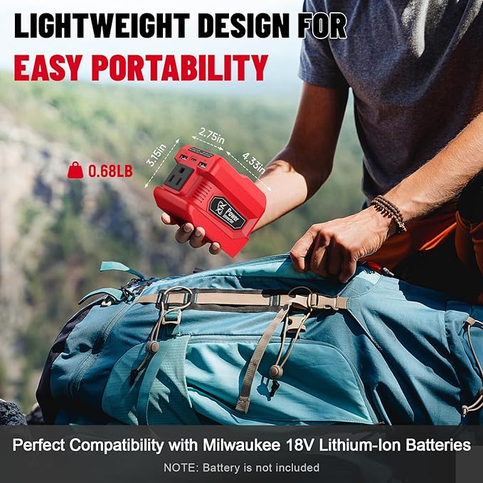 220W Azocek Power Inverter Compatible with Milwaukee 18V Battery, DC 18V to AC 110V Portable Power Station with 1 AC Outlet, 2 USB Ports & 1 Type-C Fast Charging, 400LM LED Work Light