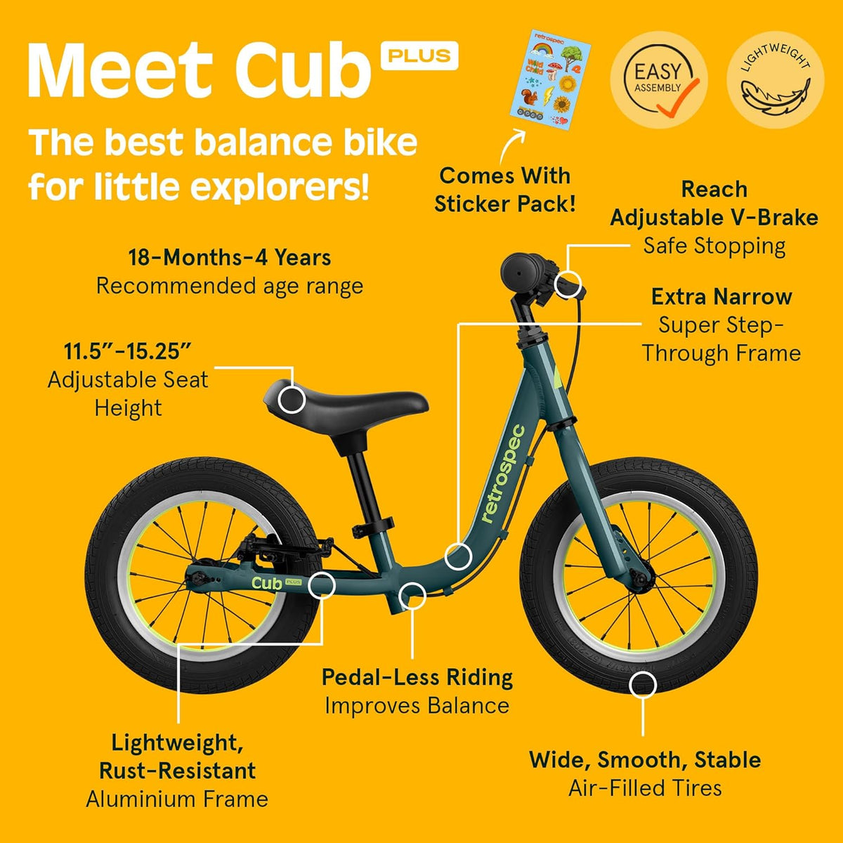 Retrospec Cub Plus Toddler Balance Bike - Lightweight, Adjustable V-Brake & Seat for Ages 18 Months to 4 Years